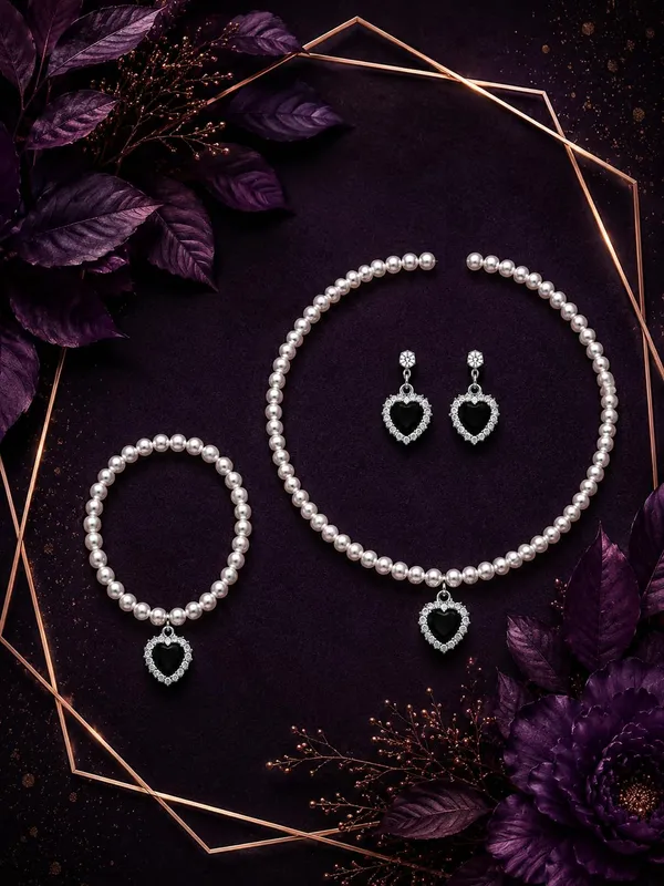 White_And_Black_Pearl_Alloy_Heart_Pendant_Jewellery_Set_For_Women