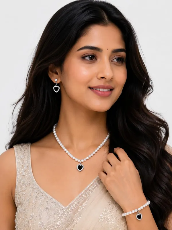 White_And_Black_Pearl_Alloy_Heart_Pendant_Jewellery_Set_For_Women