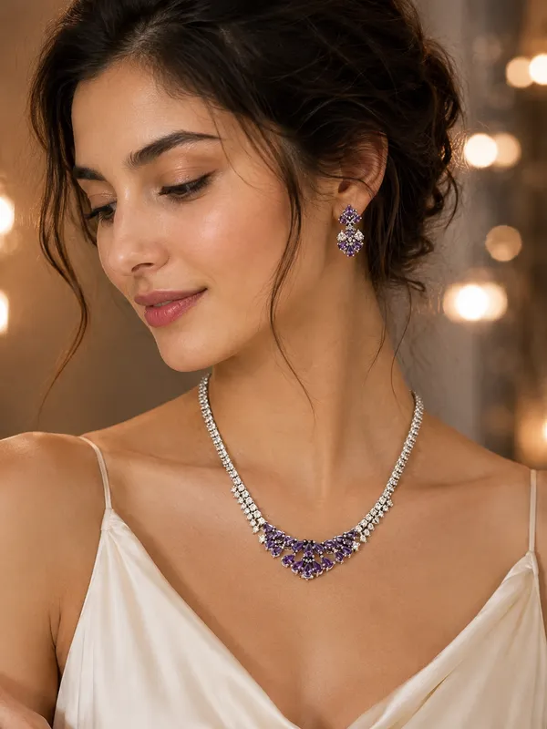 White_And_Purple_Silver_Cz_Stone_Floral_Bridal_Necklace_Set_For_Women