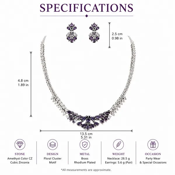 White_And_Purple_Silver_Cz_Stone_Floral_Bridal_Necklace_Set_For_Women