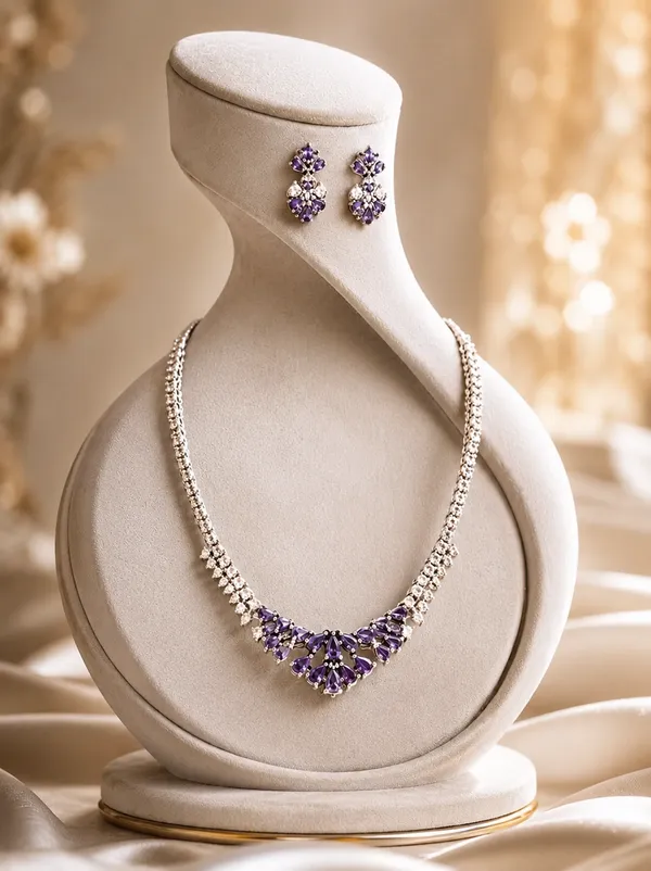 White_And_Purple_Silver_Cz_Stone_Floral_Bridal_Necklace_Set_For_Women