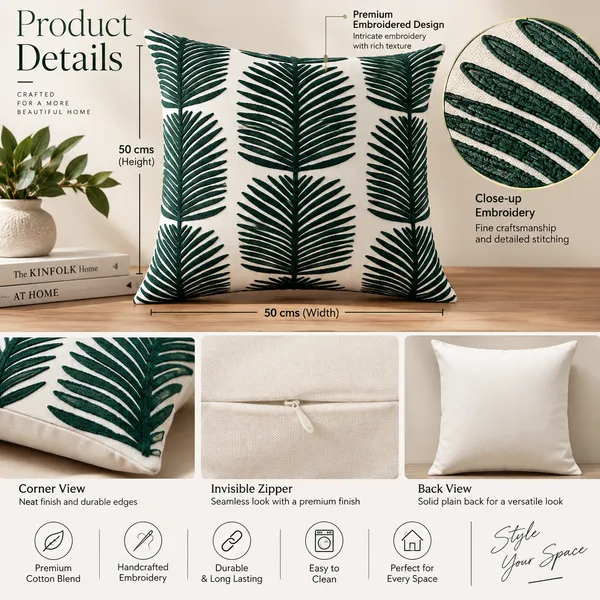 Embroidered_Leaves_Cotton_Cushion_Cover_50x50Cms