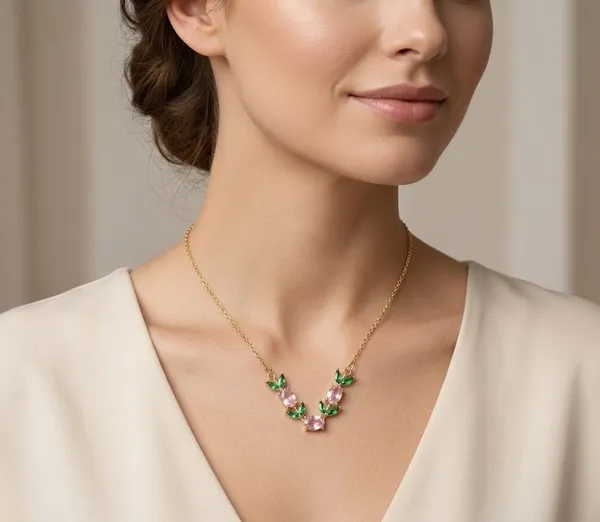 Gold_Plated_Pink_Green_Stone_Floral_V-Shape_Pendant_Necklace_For_Women_(PNSS-34C)
