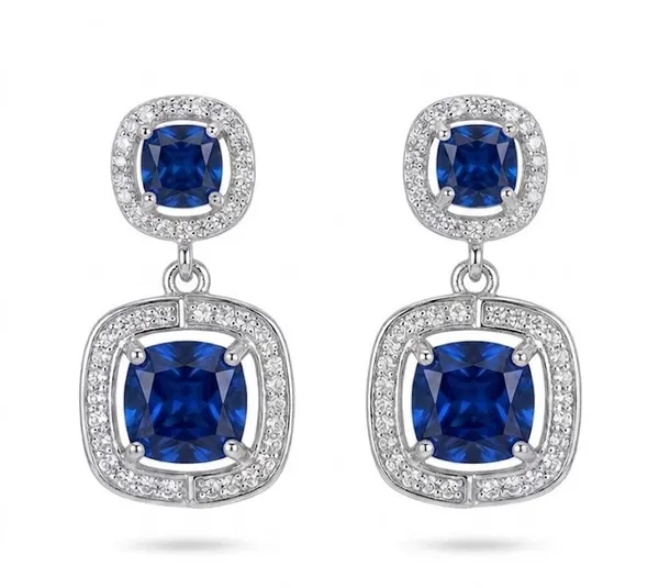Silver_Metal_Cushion_Cut_Blue_Sapphire_Halo_Drop_Earrings_For_Women_(ERAD-02E)