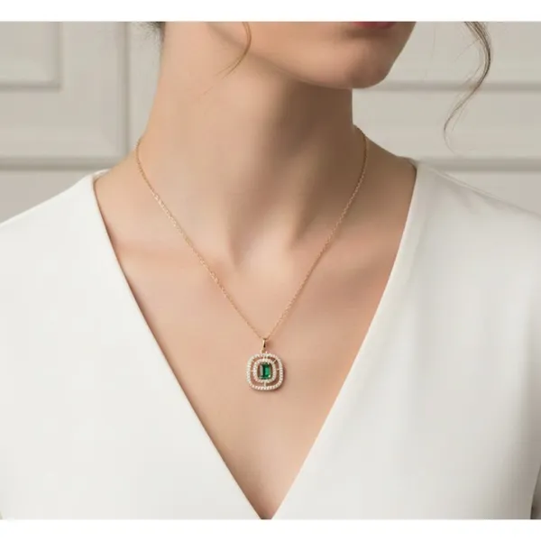 Gold_Stainless_Steel_Emerald_Green_Stone_Double_Halo_Pendant_Necklace_For_Women_(PNSS-15B)