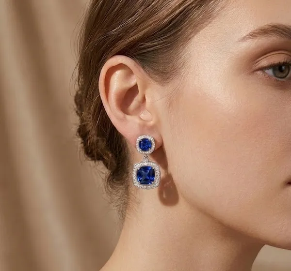Silver_Metal_Cushion_Cut_Blue_Sapphire_Halo_Drop_Earrings_For_Women_(ERAD-02E)