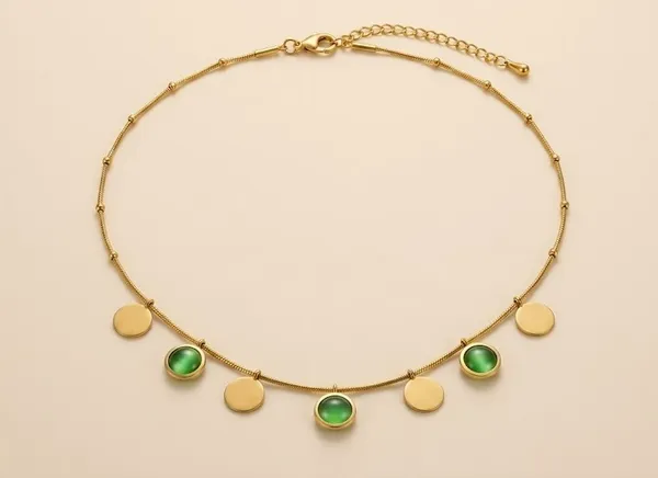 Gold_Stainless_Steel_Green_Stone_Disc_Charm_Pendant_Necklace_For_Women_(PNSS-45A)