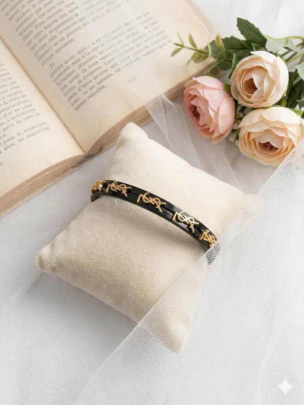 Gold_Stainless_Steel_Black_Enamel_Logo_Bangle_Bracelet_For_Women_(BRSSCF-45)