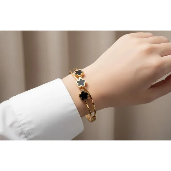 Gold_Stainless_Steel_Black_Floral_Clover_Hinged_Cuff_Bracelet_For_Women_(BRSSCF-15)