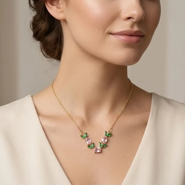 Gold_Plated_Pink_Green_Stone_Floral_V-Shape_Pendant_Necklace_For_Women_(PNSS-34C)