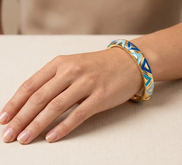 Gold_Metal_Blue_Enamel_Geometric_Pattern_Bangle_Bracelet_For_Women_(BRENCF-03C)