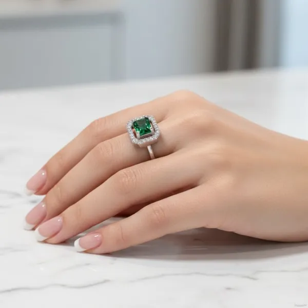 Silver_Stainless_Steel_Green_Emerald_Cut_Halo_Ring_For_Women_(RGSS-01C)