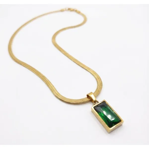 Gold_Stainless_Steel_Snake_Chain_Green_Stone_Rectangular_Pendant_Necklace_For_Women_(PNSS-01A)