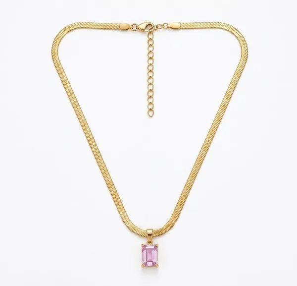 Gold_Stainless_Steel_Herringbone_Chain_Pink_Gemstone_Pendant_Necklace_For_Women_(PNSS-46)