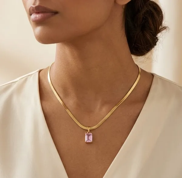 Gold_Stainless_Steel_Herringbone_Chain_Pink_Gemstone_Pendant_Necklace_For_Women_(PNSS-46)