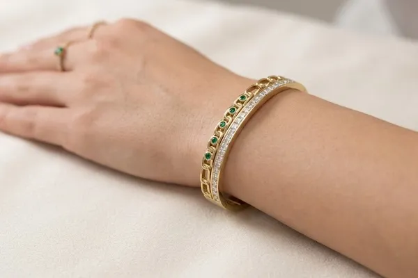 Gold_Stainless_Steel_Crystal_Green_Stone_Multi_Row_Bangle_Bracelet_For_Women_(BRSSCF-48)