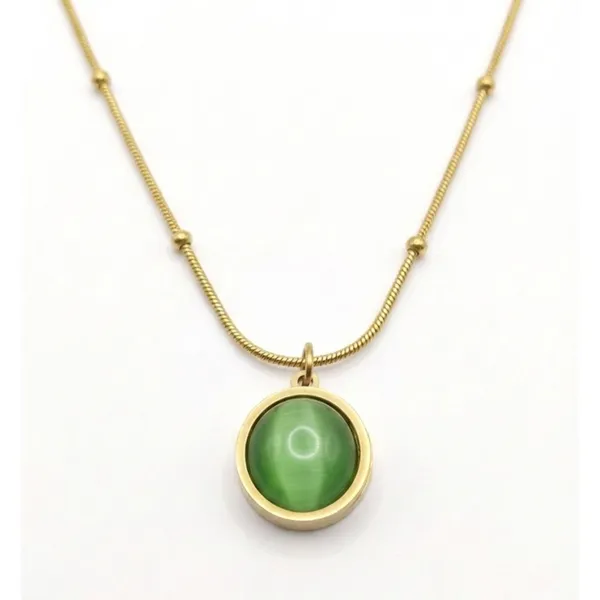 Gold_Stainless_Steel_Round_Green_Cabochon_Pendant_Necklace_For_Women_(PNSS-27)