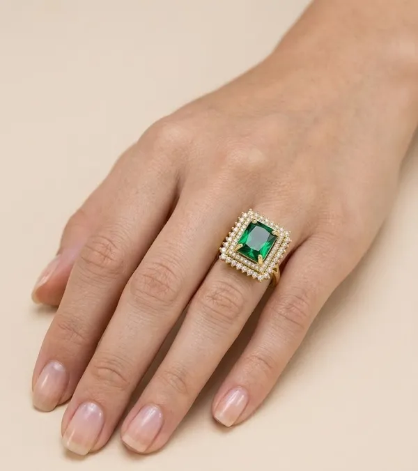 Gold_Stainless_Steel_Double_Halo_Emerald_Crystal_Ring_For_Women_(RGSS-32A)