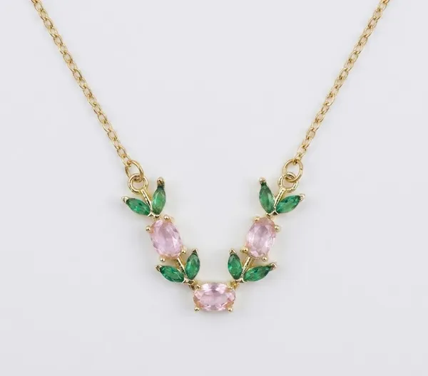 Gold_Plated_Pink_Green_Stone_Floral_V-Shape_Pendant_Necklace_For_Women_(PNSS-34C)