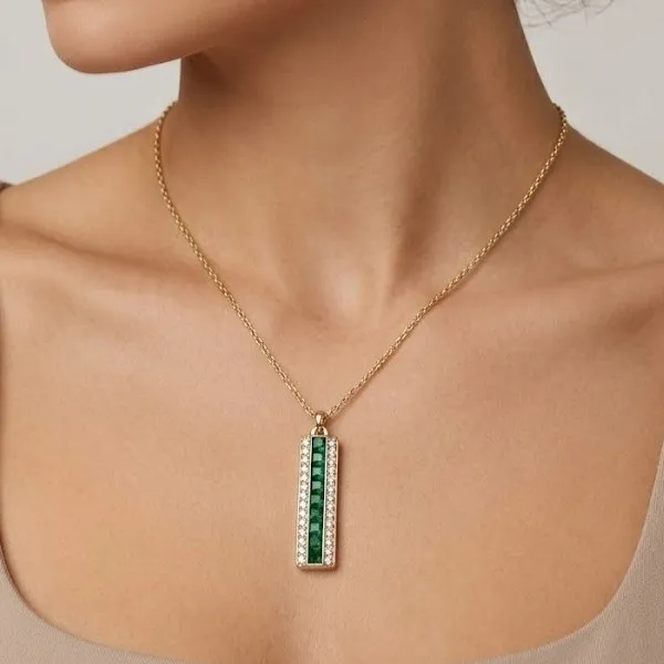 Gold_Stainless_Steel_Emerald_Diamond_Vertical_Bar_Pendant_Necklace_For_Women_(PNSS-54)