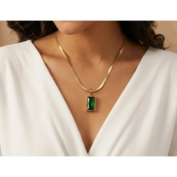Gold_Stainless_Steel_Snake_Chain_Green_Stone_Rectangular_Pendant_Necklace_For_Women_(PNSS-01A)