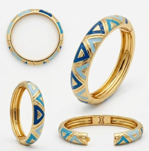 Gold_Metal_Blue_Enamel_Geometric_Pattern_Bangle_Bracelet_For_Women_(BRENCF-03C)