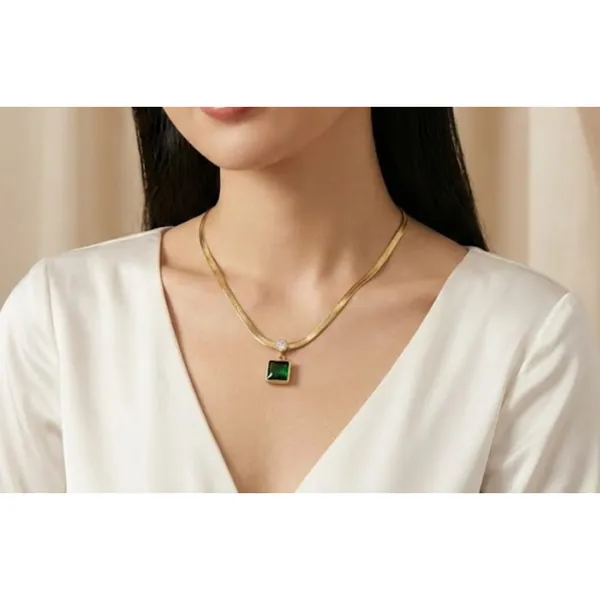 Gold_Stainless_Steel_Herringbone_Chain_Green_Stone_Rectangular_Pendant_Necklace_For_Women_(PNSS-23)