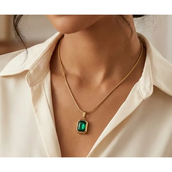 Gold_Stainless_Steel_Green_Stone_Rectangular_Pendant_Necklace_For_Women_(PNSS-28A)