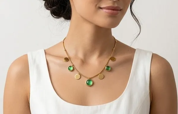 Gold_Stainless_Steel_Green_Stone_Disc_Charm_Pendant_Necklace_For_Women_(PNSS-45A)