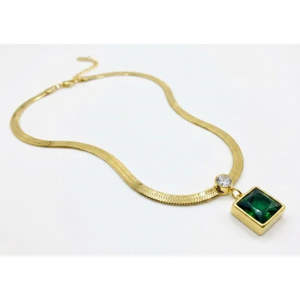 Gold_Stainless_Steel_Herringbone_Chain_Green_Stone_Rectangular_Pendant_Necklace_For_Women_(PNSS-23)