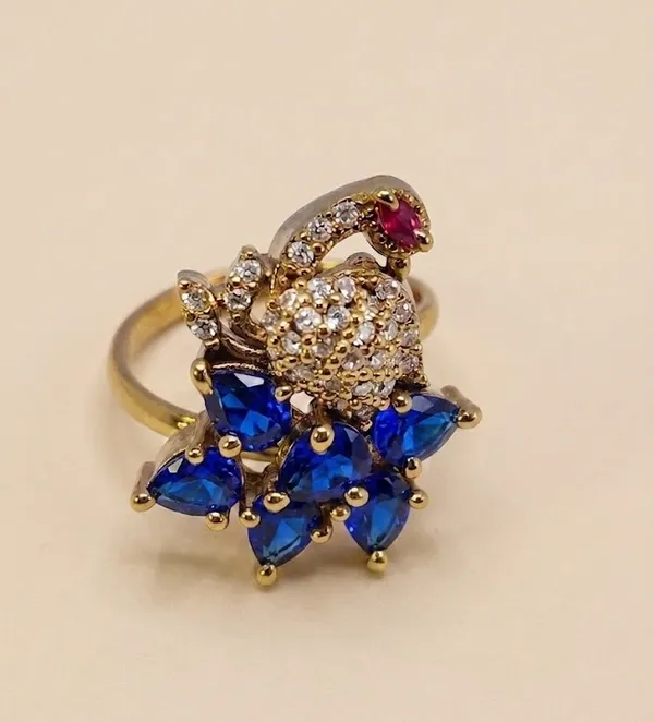 Gold_Stainless_Steel_Blue_Sapphire_Ruby_Peacock_Motif_Ring_For_Women_(RGSS-30C)