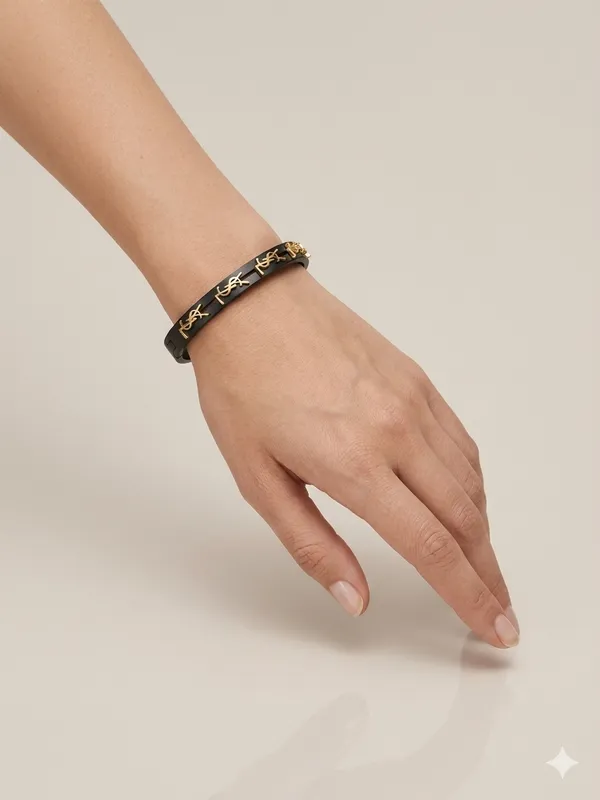 Gold_Stainless_Steel_Black_Enamel_Logo_Bangle_Bracelet_For_Women_(BRSSCF-45)