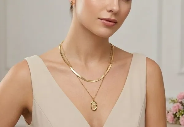 Gold_Stainless_Steel_Floral_Pendant_Layered_Chain_Necklace_For_Women_(PNSS-37)