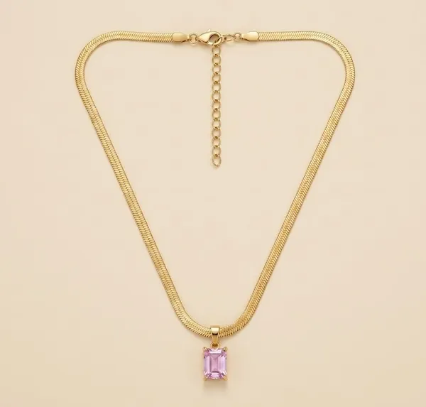Gold_Stainless_Steel_Herringbone_Chain_Pink_Gemstone_Pendant_Necklace_For_Women_(PNSS-46)