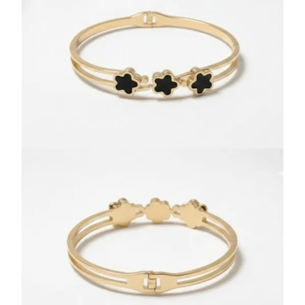 Gold_Stainless_Steel_Black_Floral_Clover_Hinged_Cuff_Bracelet_For_Women_(BRSSCF-15)