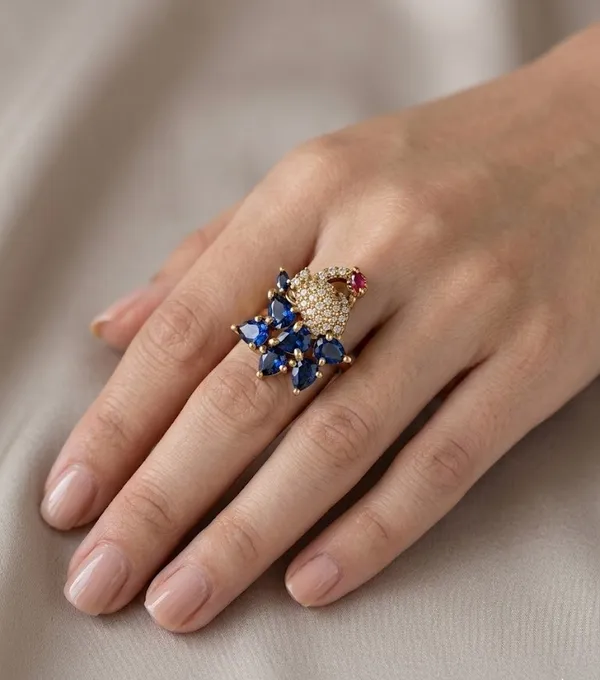 Gold_Stainless_Steel_Blue_Sapphire_Ruby_Peacock_Motif_Ring_For_Women_(RGSS-30C)
