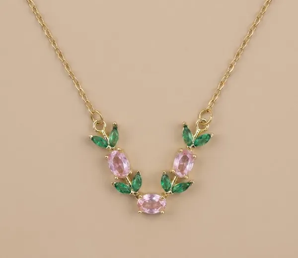 Gold_Plated_Pink_Green_Stone_Floral_V-Shape_Pendant_Necklace_For_Women_(PNSS-34C)
