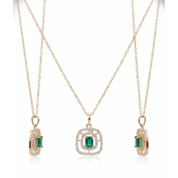 Gold_Stainless_Steel_Emerald_Green_Stone_Double_Halo_Pendant_Necklace_For_Women_(PNSS-15B)