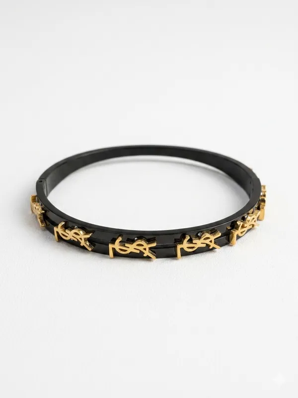 Gold_Stainless_Steel_Black_Enamel_Logo_Bangle_Bracelet_For_Women_(BRSSCF-45)