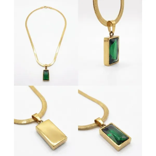 Gold_Stainless_Steel_Snake_Chain_Green_Stone_Rectangular_Pendant_Necklace_For_Women_(PNSS-01A)