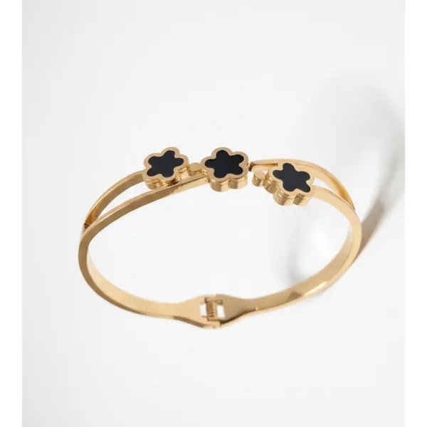 Gold_Stainless_Steel_Black_Floral_Clover_Hinged_Cuff_Bracelet_For_Women_(BRSSCF-15)