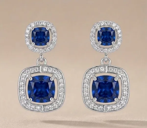 Silver_Metal_Cushion_Cut_Blue_Sapphire_Halo_Drop_Earrings_For_Women_(ERAD-02E)