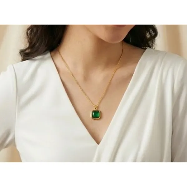 Gold_Stainless_Steel_Cushion_Cut_Green_Stone_Pendant_Necklace_For_Women_(PNSS-25)