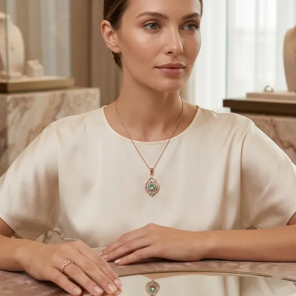 Rose_Gold_Stainless_Steel_Green_Gemstone_Teardrop_Pendant_Necklace_For_Women_(PNSS-16B)