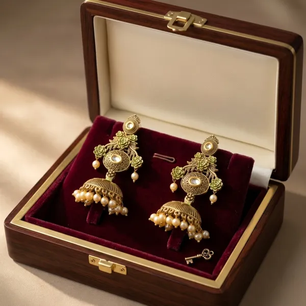 Antique_Gold_&_Moss_Green_Meenakari_Jhumkas