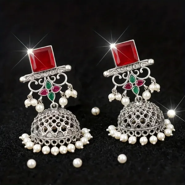 Rudira_Crimson_&_Emerald_Floral_Oxidized_Jhumkas