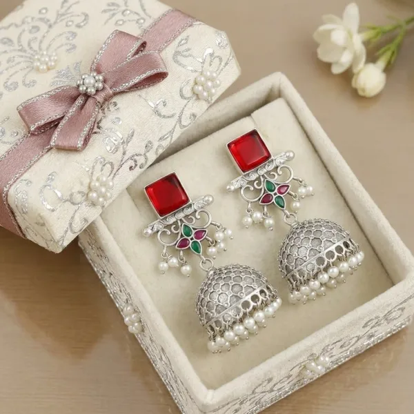 Rudira_Crimson_&_Emerald_Floral_Oxidized_Jhumkas