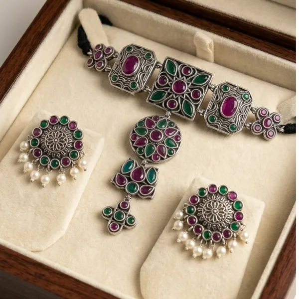 The_Vrinda_Oxidized_Emerald_&_Ruby_Choker_Set