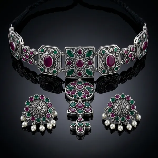 The_Vrinda_Oxidized_Emerald_&_Ruby_Choker_Set