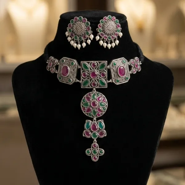 The_Vrinda_Oxidized_Emerald_&_Ruby_Choker_Set